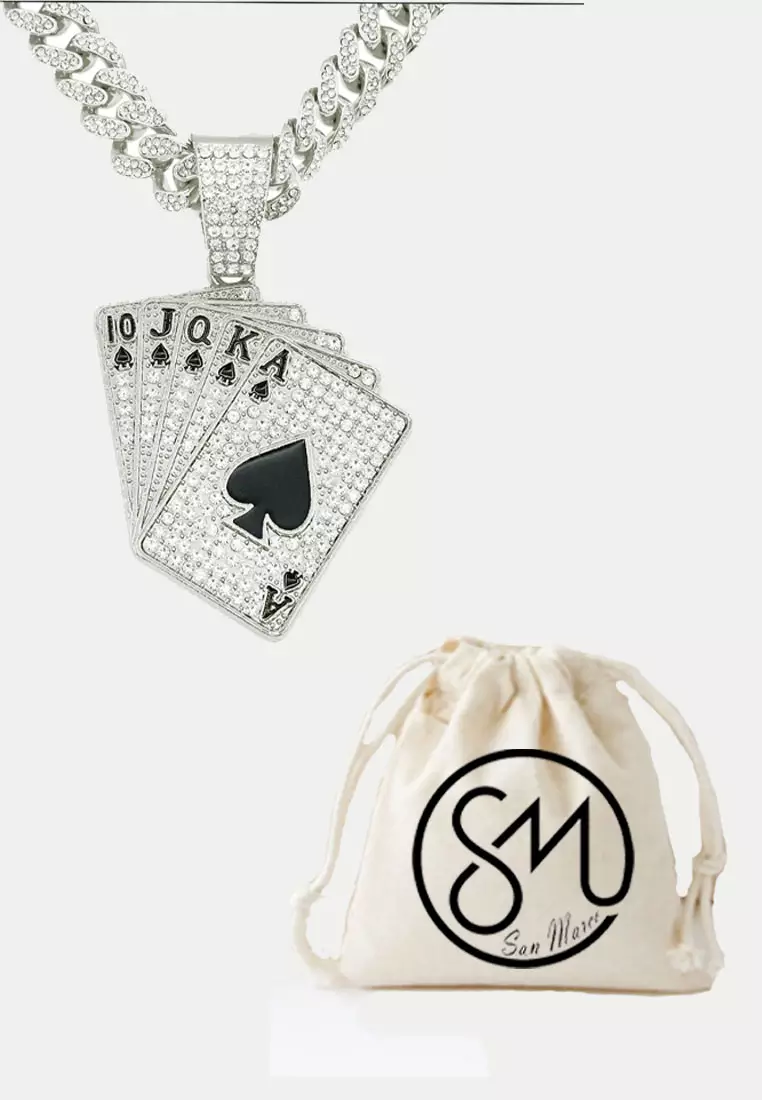 Aksesoris Pria Rhinestones Ace Of spades Studded Kalung Pria Premium Stainless Steel Necklace Silver