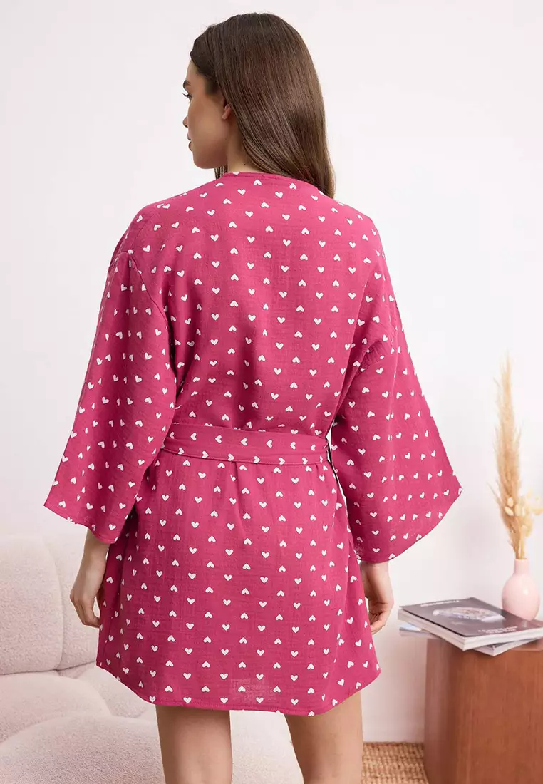 Plum 1% Cotton Heart Belted Muslin Woven Dressing Gown Thmss25Sb