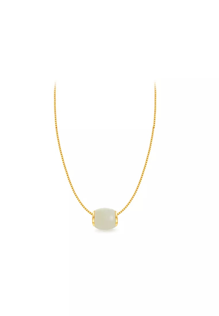 999.9/24K Gold Foil Inlaid White Jade with 375/9K Gold Box Chain Necklace Set J3