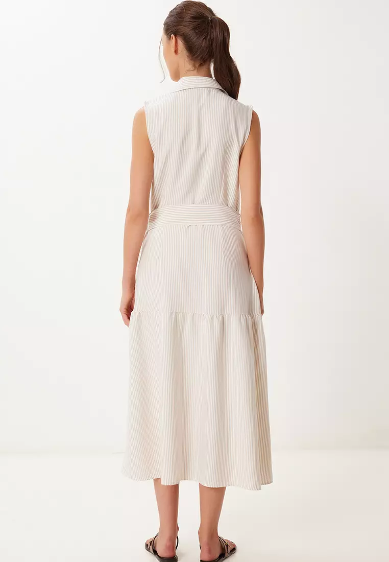 Women's Beige Bone Striped Belted Midi Shirt Dress Rg00069