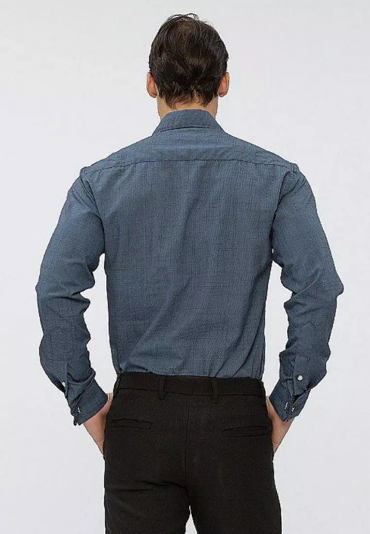 Houseofcuff Kemeja formal Kerja Slim Fit French Cuff Navy Pattern