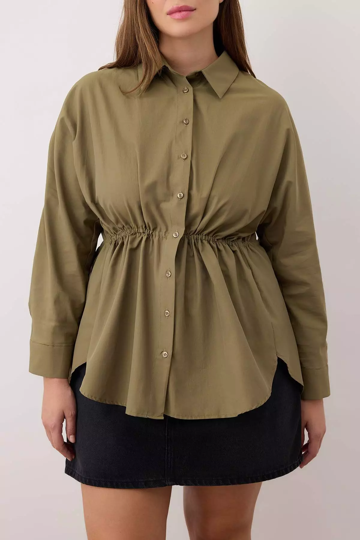 Khaki Pleated Woven Plus Size Shirt