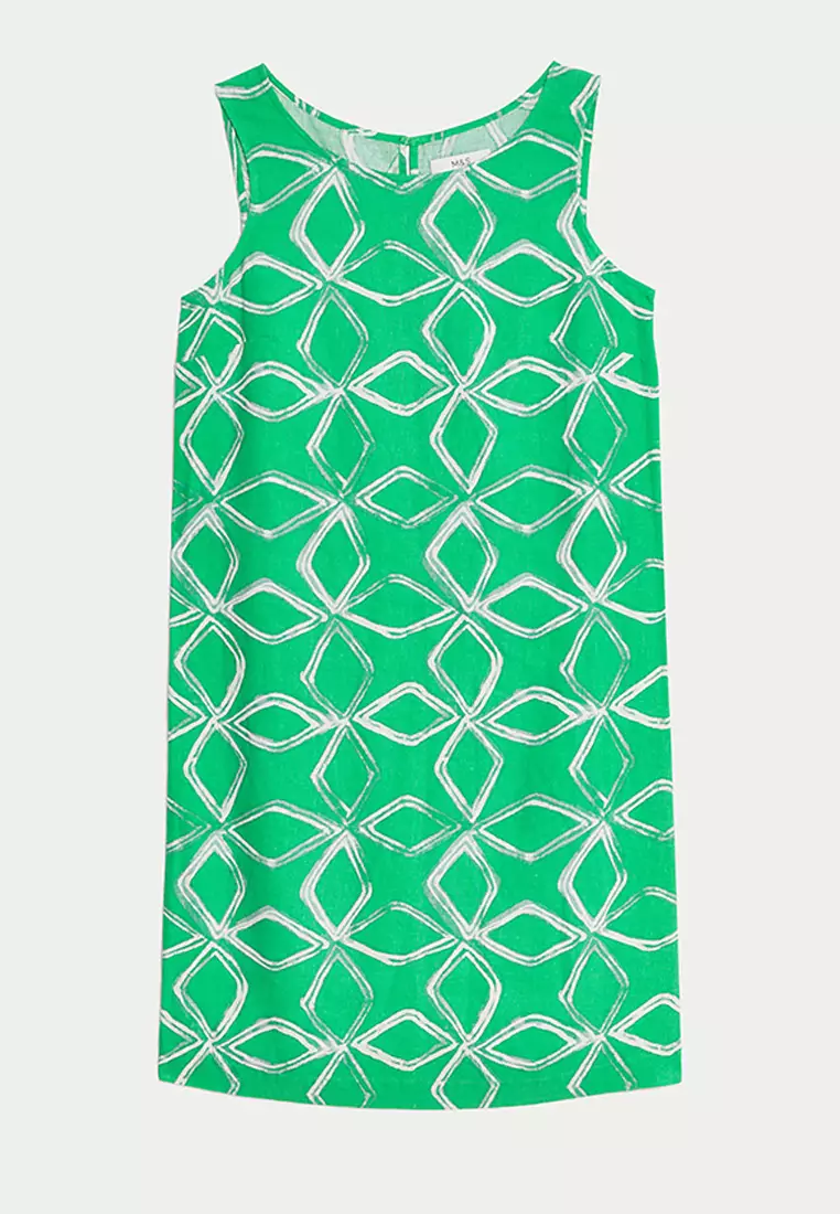 Linen Rich Printed Round Neck Shift Dress