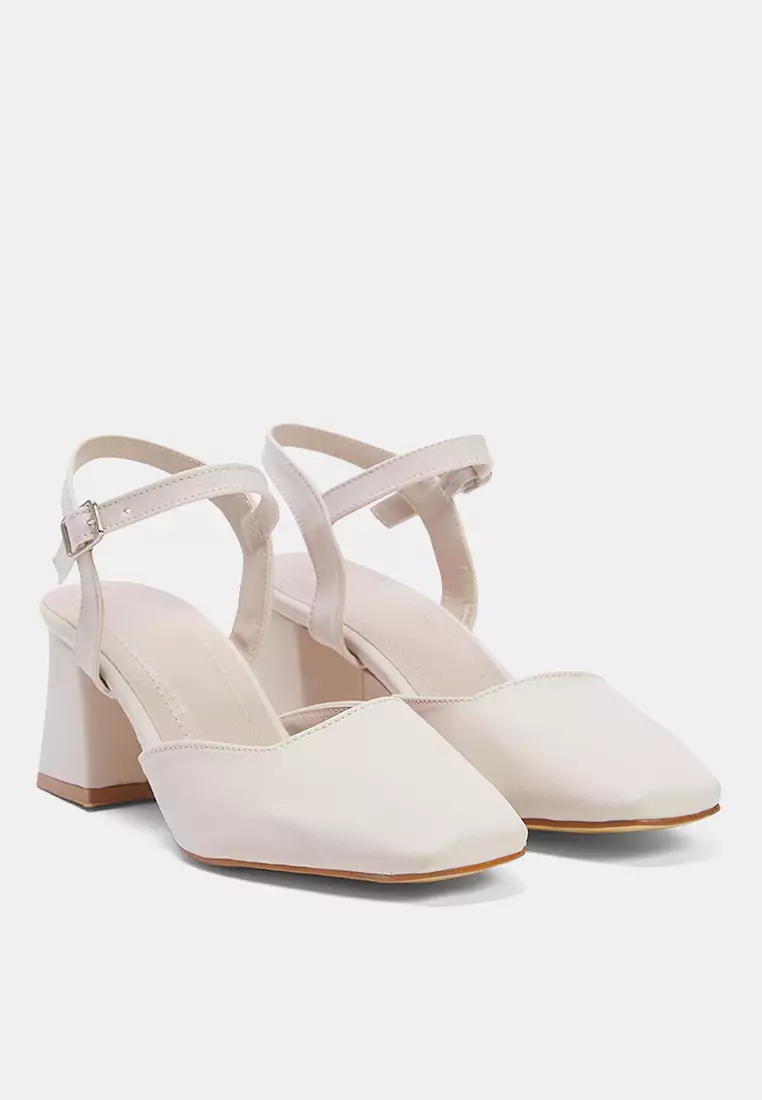 Beige Ankle Strap Square Toe Women's Block Heeled Shoes Takss25To00052