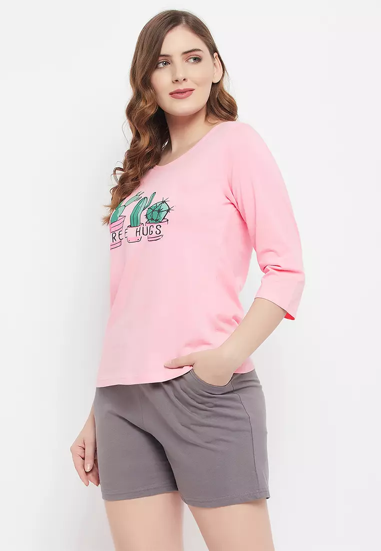 Clovia Cactus Print Top in Baby Pink & Chic Basic Shorts in Grey - 100% Cotton