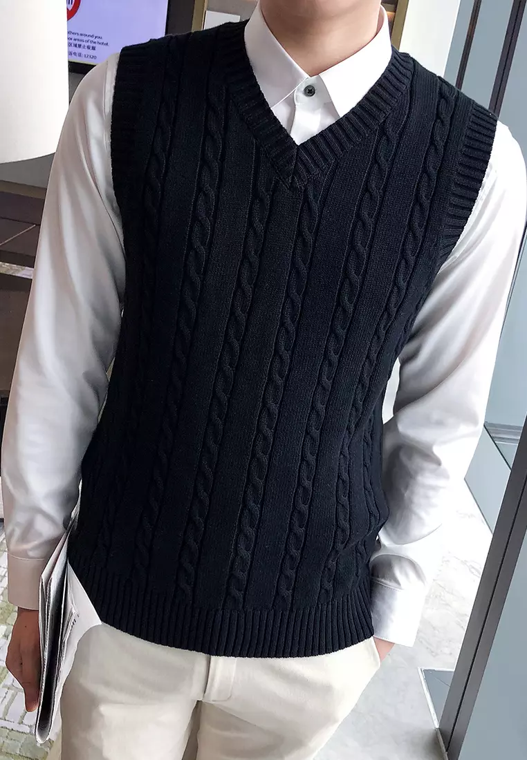 V-neck Jacquard Knitted Vest XH1823