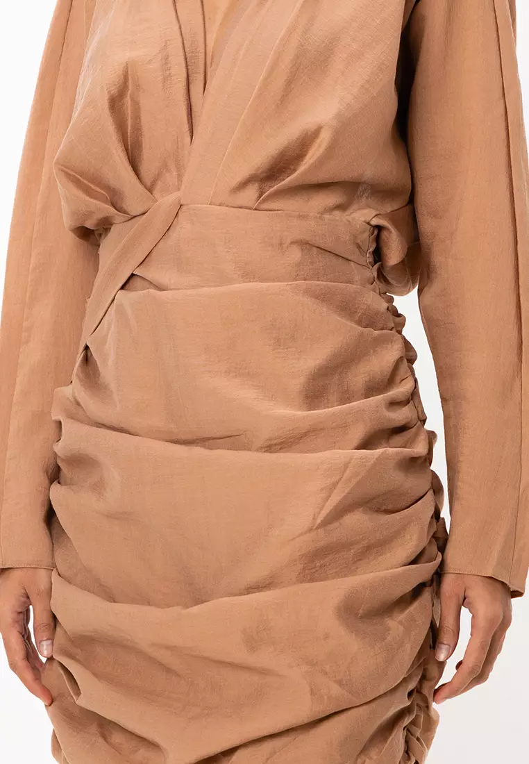 Washed Twist Front Long Sleeves Mini Dress