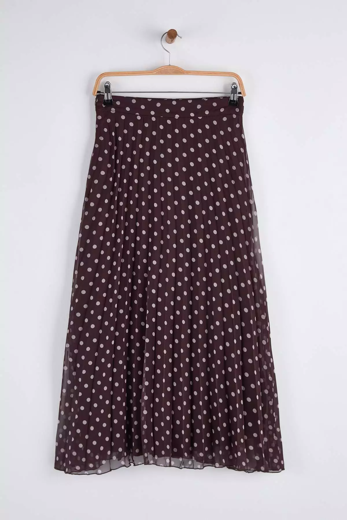 Brown Polka Dot Lined Chiffon Pleated Midi Skirt Twoaw26Et00142