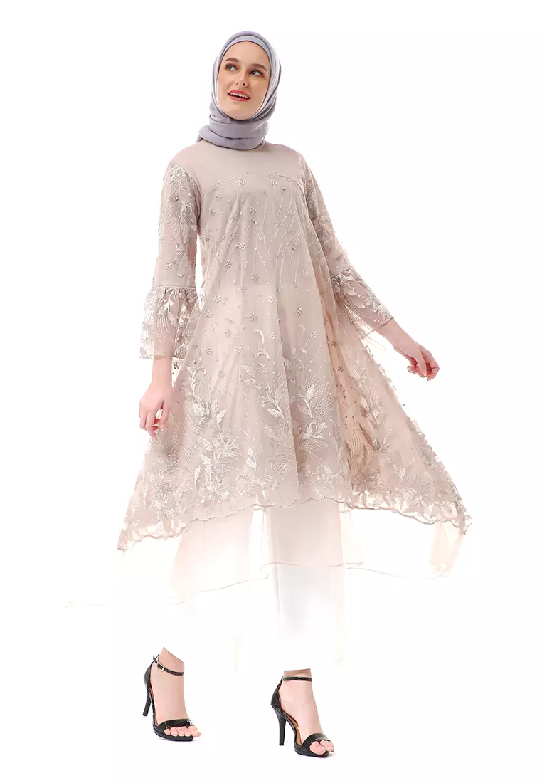 Laika Dress Muslimah Brukat Long Sleeve High Quality Premium Wanita - Nude