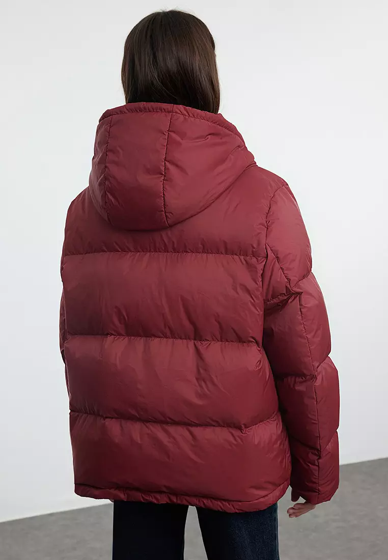 Claret Red Oversize Hooded Goose Feather Water Repellent Puffer Jacket TWOAW25MO00102