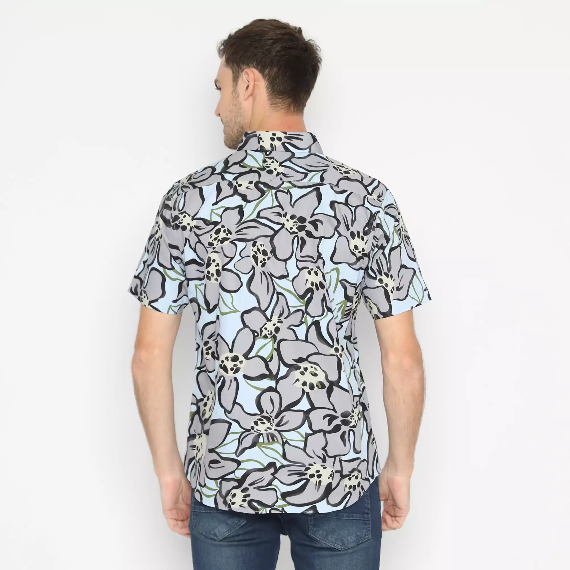 Platini Baju Kemeja Motif Hawai Pria Lengan Pendek Katun Biru Abu 73268