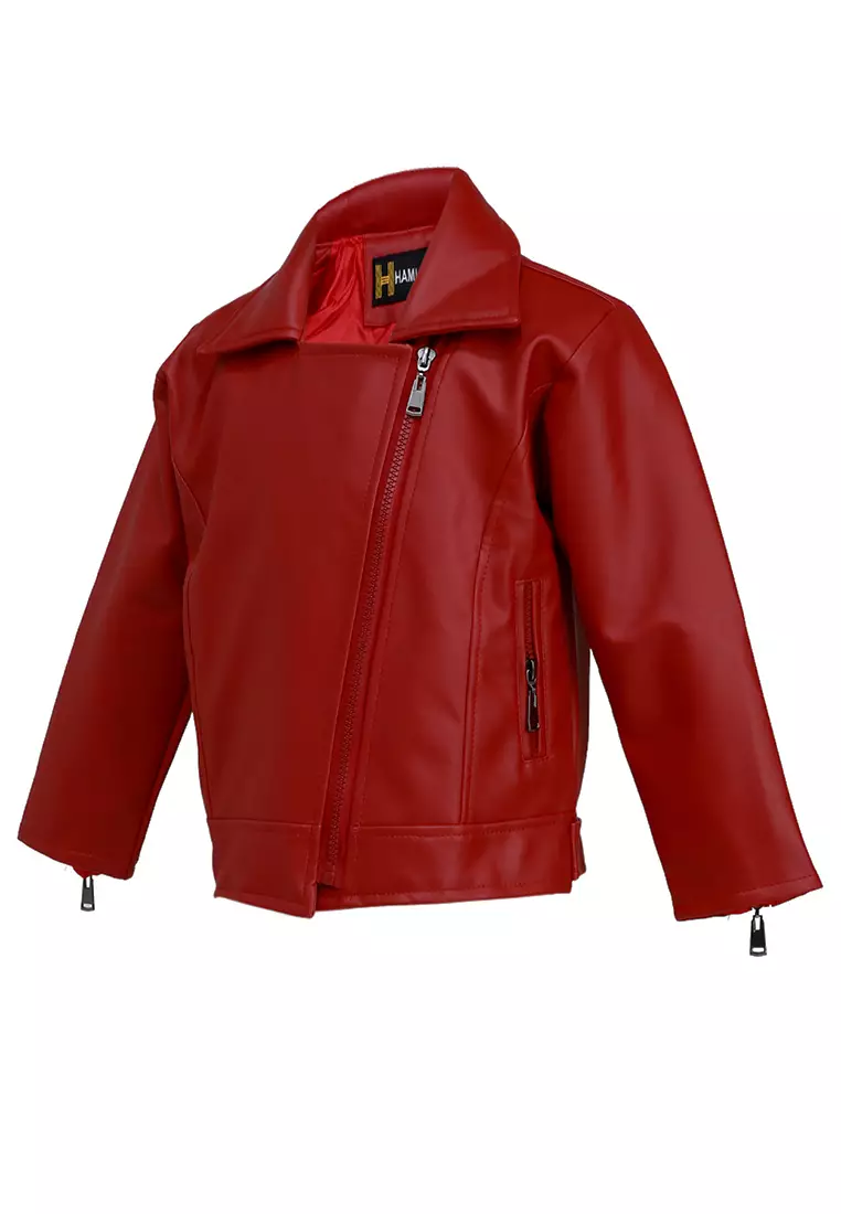Fisca Jaket Kulit Anak Perempuan Zipper Design Motif Polos Material Leather ORIGINAL - Red