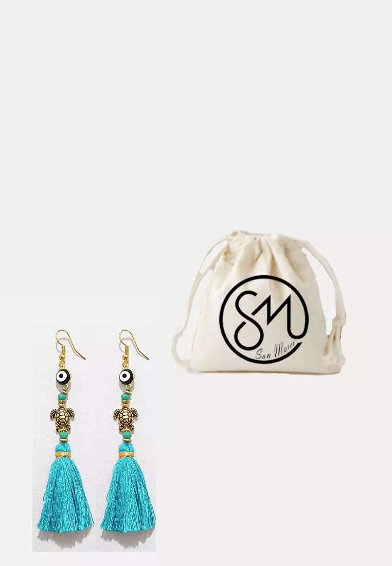 Aksesoris Wanita Evil Eye TurtleTassel Earrings Anting Wanita Turqouise