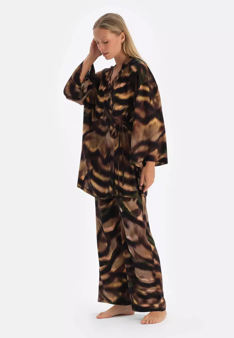 Brown Trousers, Degrade Print, Regular, Long Leg, Sleepwear for Women