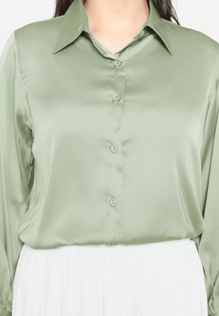 Plain Shirt Sateen In Soft Green By Brilliant Girl Warna HIJAU