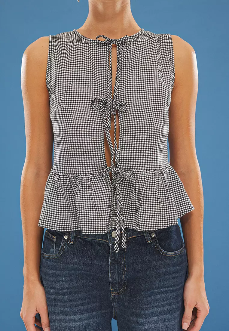 Black Gingham Front Tie Detail Woven Blouse