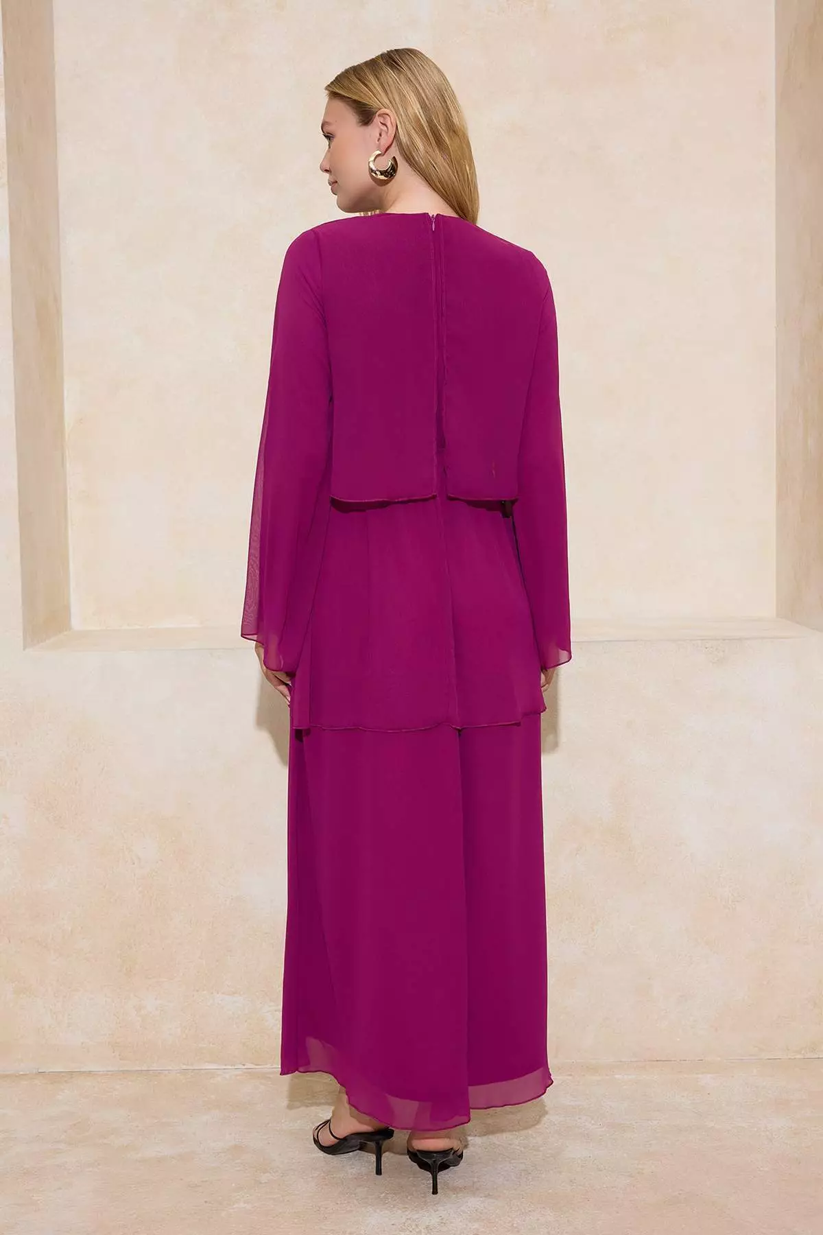 Fuchsia Layered Lined Silk Chiffon Dress Tctss26Eb00002