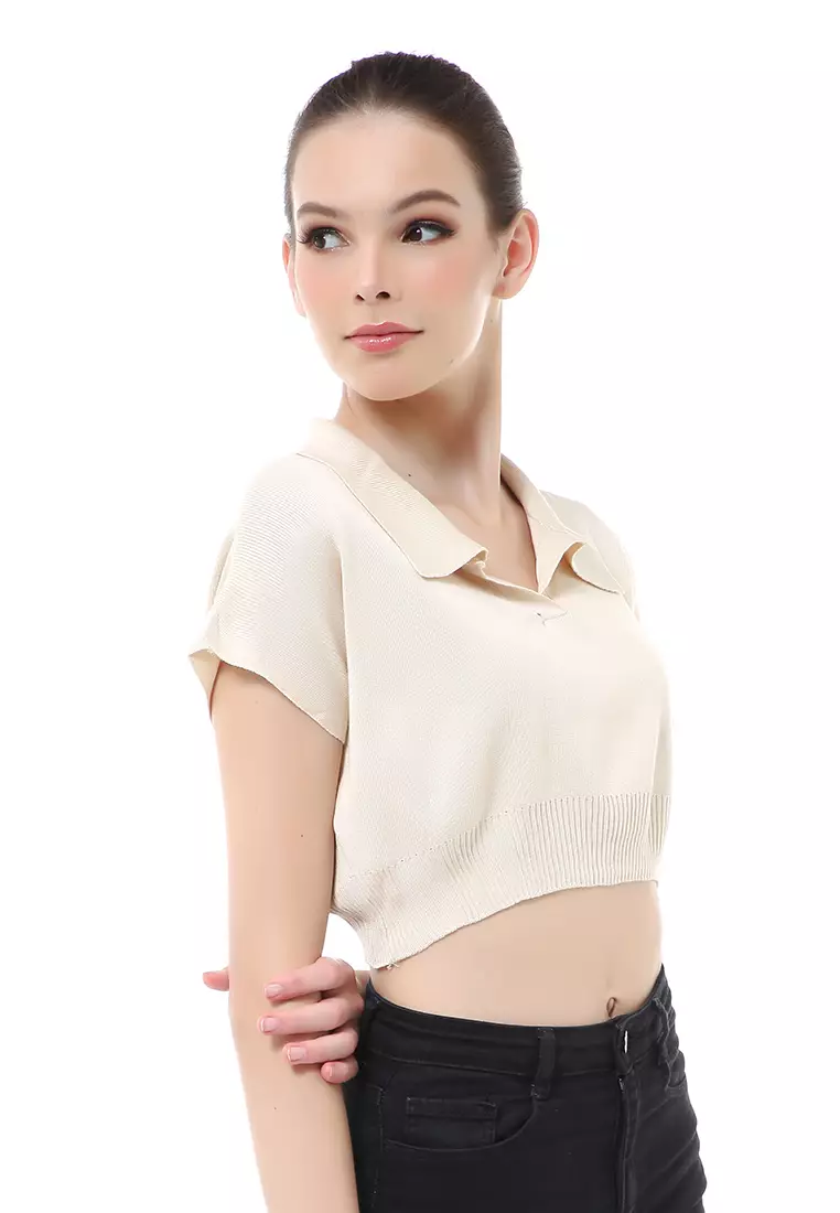 Albertine Atasan Crop Wanita Lengan Pendek Blouse Kerah Material Rajut ORIGINAL - Cream