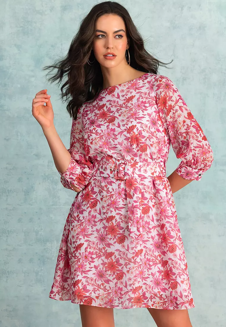 White Floral Print Shift Dress With Buckle Belt