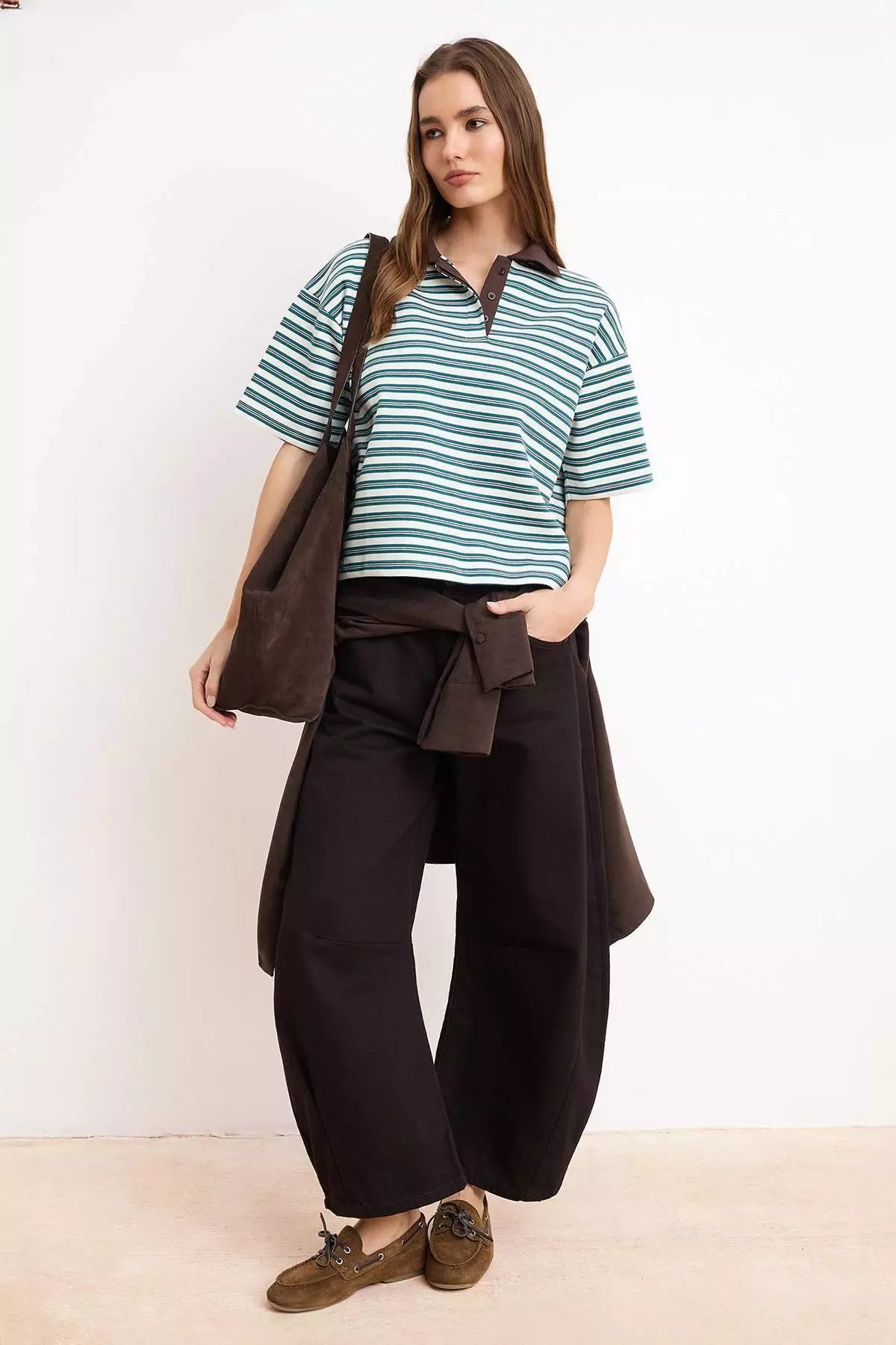 Trendyol Green Striped Oversize Fit Polo Collar Woven Detailed Tok