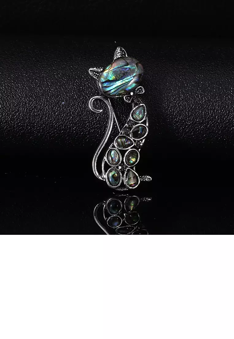Simple and Cute Cat Blue Shell Brooch with Cubic Zirconia