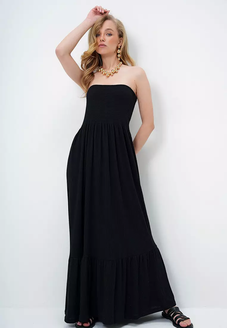 Women's Black Skirt Flounce Summer Long Strapless Dress Alc-X14127