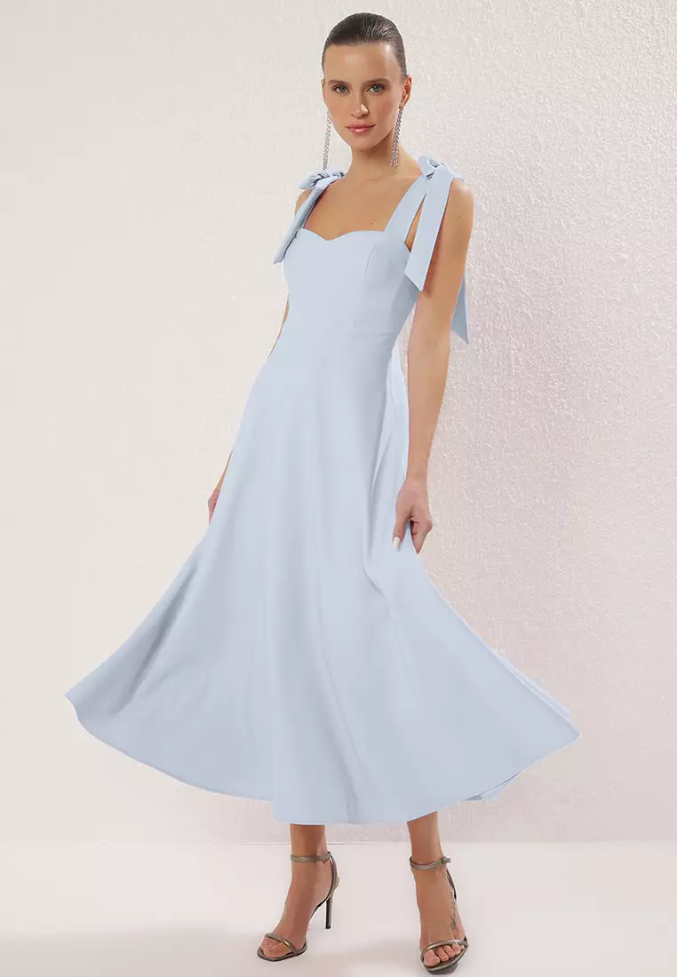 Light Blue A Cut Strap Fastening Detailed Midi Elegant Evening Dresses Evening Graduation Dress