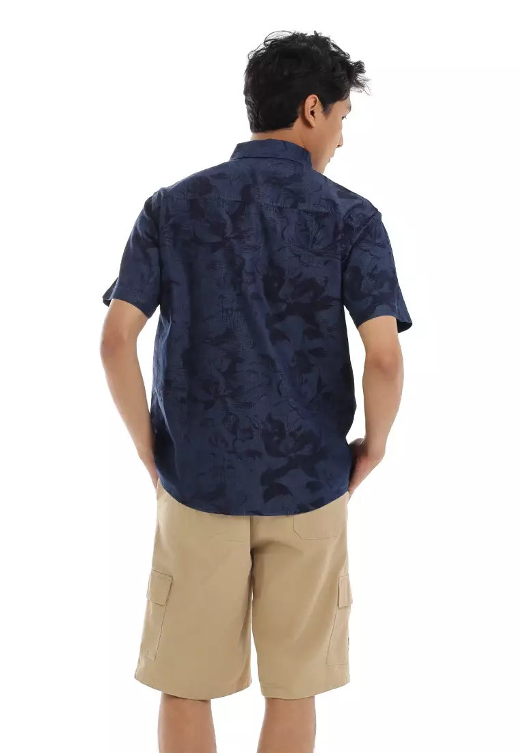 FOREST MEN S/S PLUS SIZE DENIM PRINTED SHIRT - PL621497-33Navy