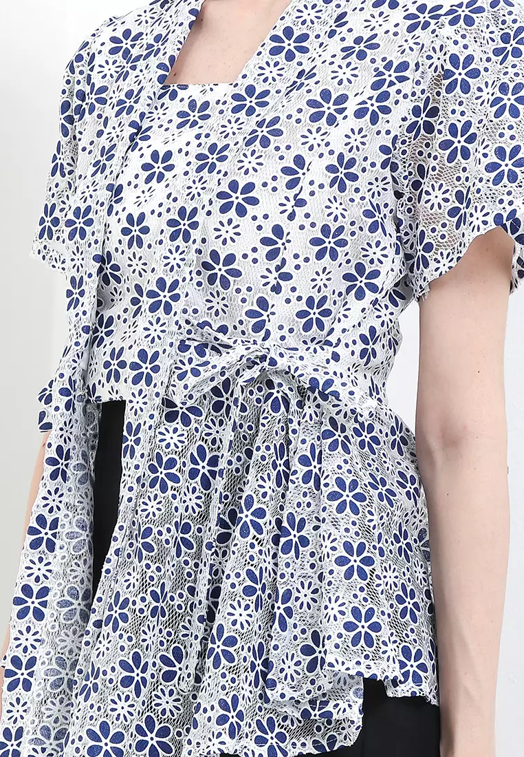 Blouse Atasan Batik Wanita Kutubaru Kiara Brokat Brukat Barcode White Lengan Pendek