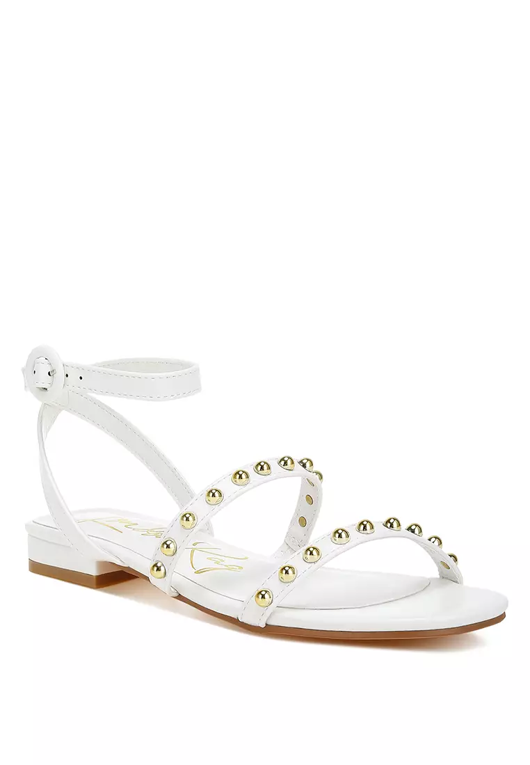 Studded Ankle Strap Flat Sandals in White