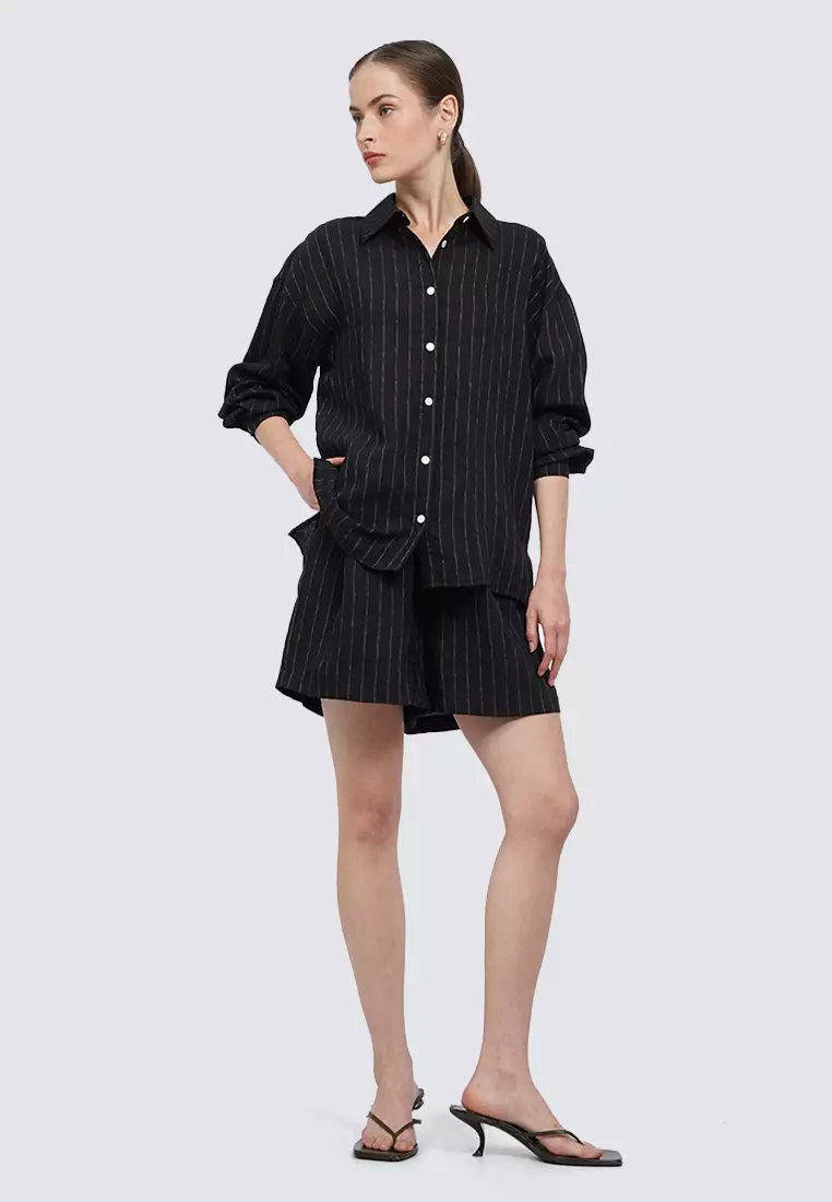 Oversized Long Sleeve Stripes Blouse BLACK
