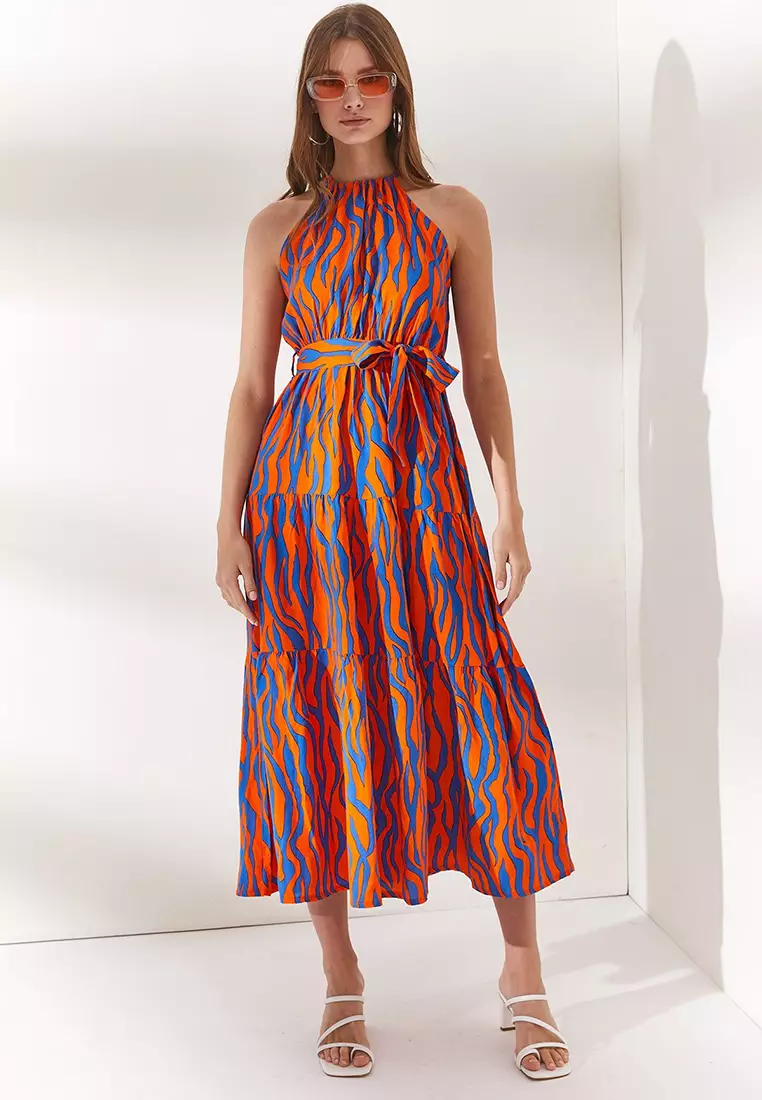 Halter Neck Belted Woven Viscose Dress