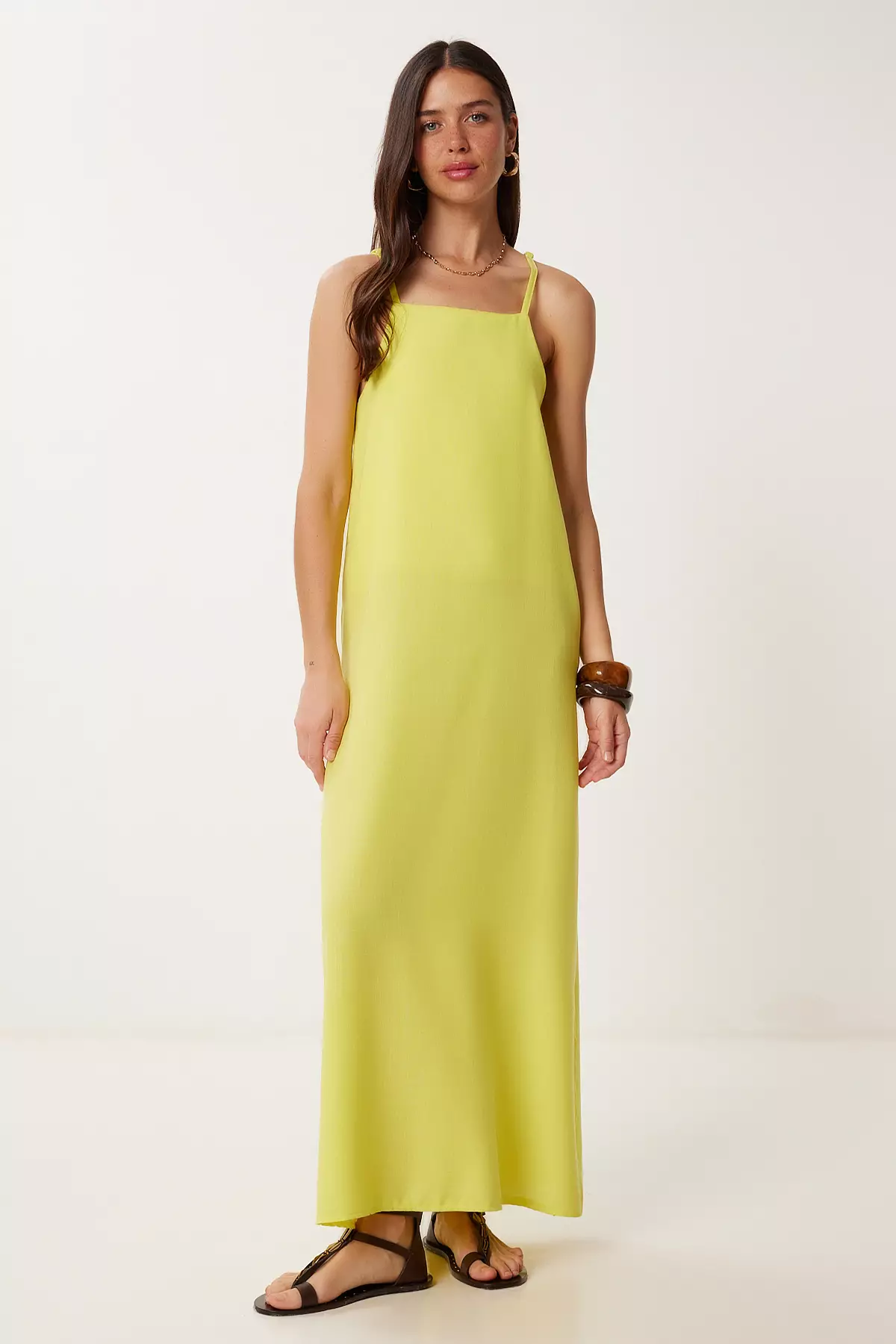 Women's Yellow Strap Summer Linen Dress Dz00129