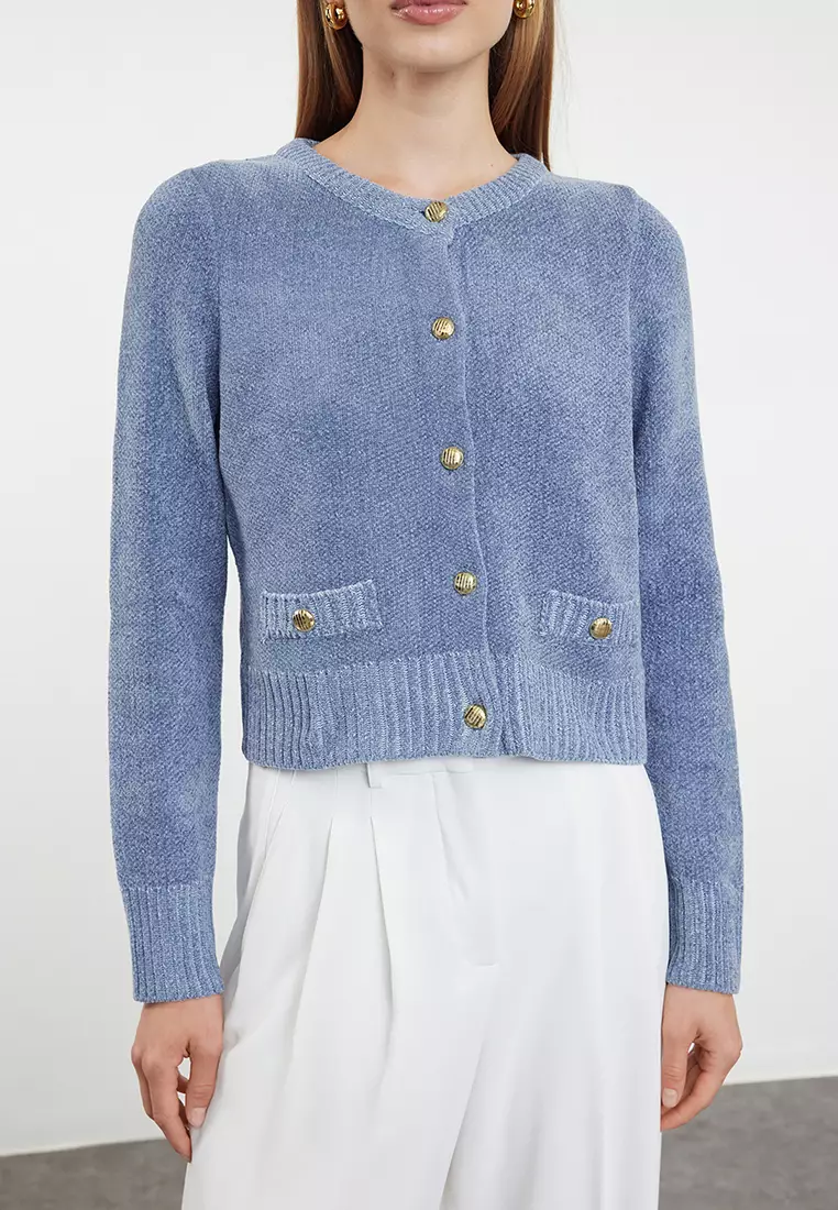 Blue Crop Premium Yarn/Special Yarn Pocket Detailed Jacket-Look Knitwear Cardigan TWOAW24HI00051