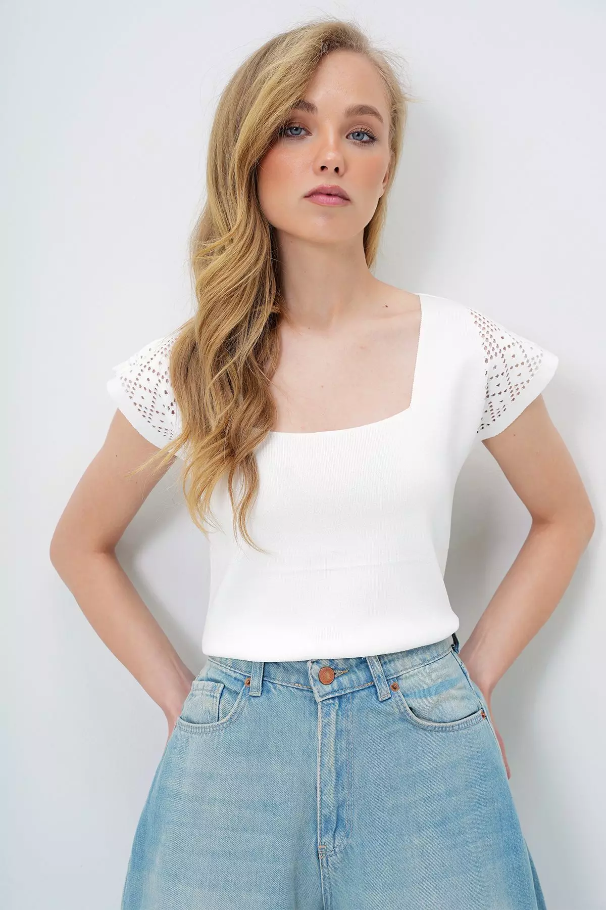 Women's White Square Neck Openwork Summer Knitwear Blouse