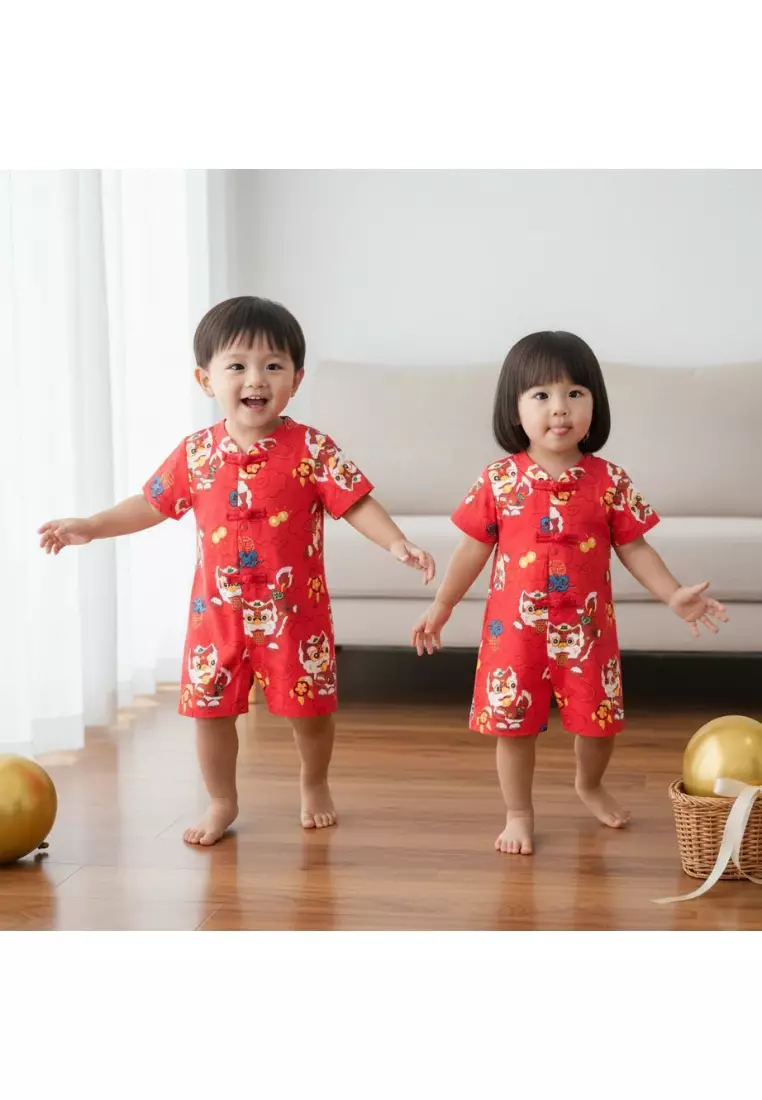 現貨 農曆新年紅色醒獅嬰兒男童唐装連身衣 新加坡外出服