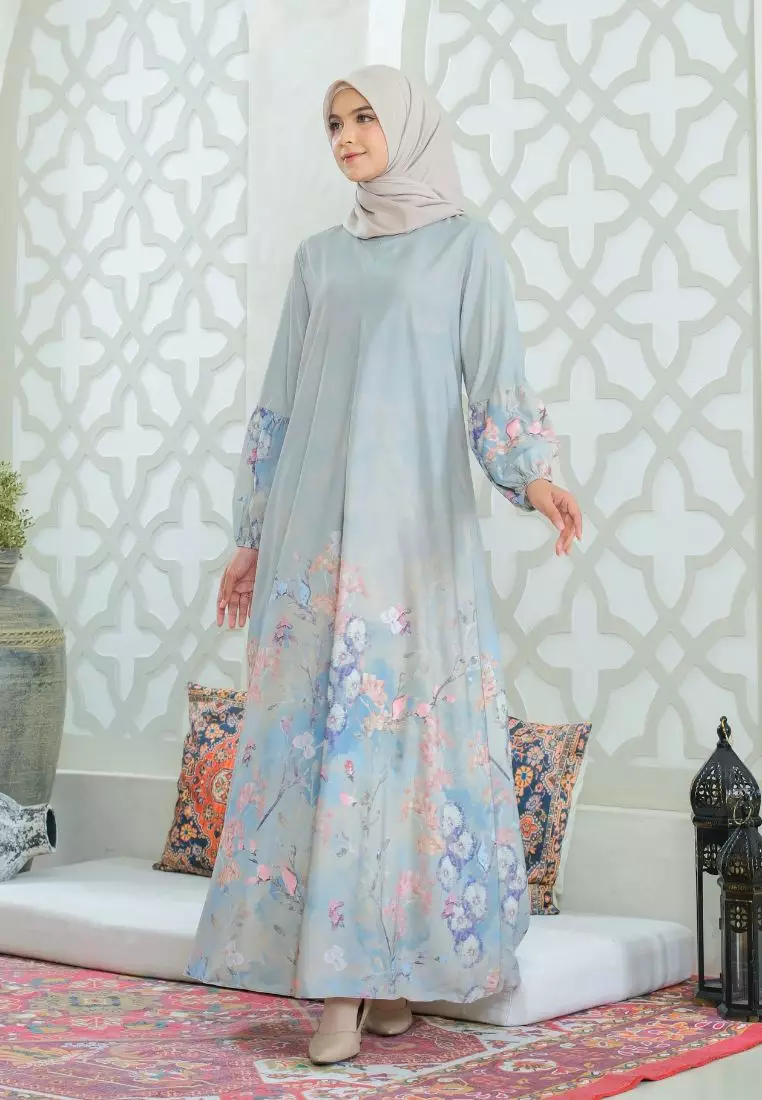 Gamis Lengan Balon Motif Bunga Kekinian Warna Hijau Sage By Brilliant Girl Warna HIJAUSAGE