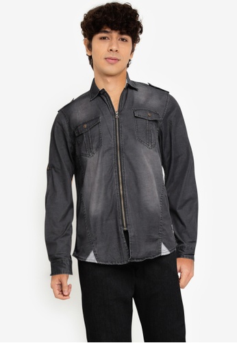 FIDELIO black Washed Zipper Long Sleeves Denim Shirt 57921AA40BA50CGS_1