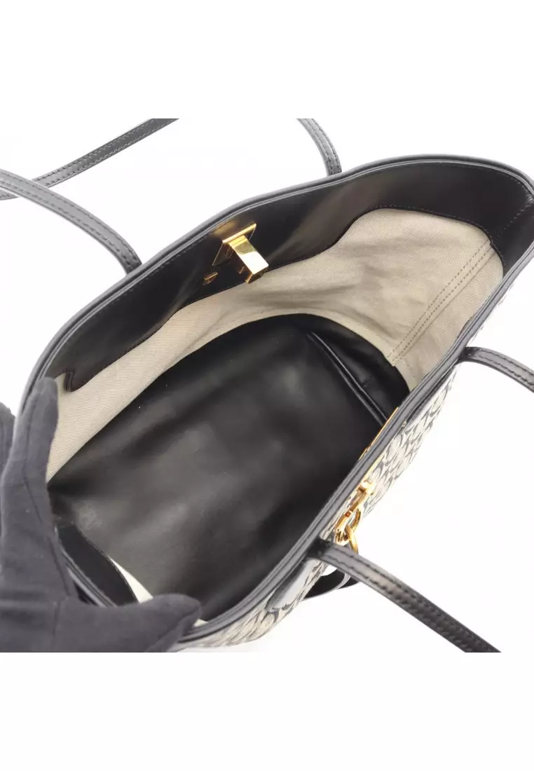 Pre-Loved Salvatore Ferragamo Gancini Shoulder bag tote bag canvas leather black beige
