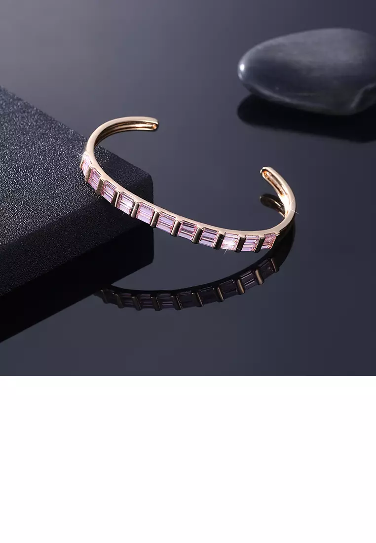 Fashion Plated Champagne Gold Open Bangle with Pink Cubic Zirconia
