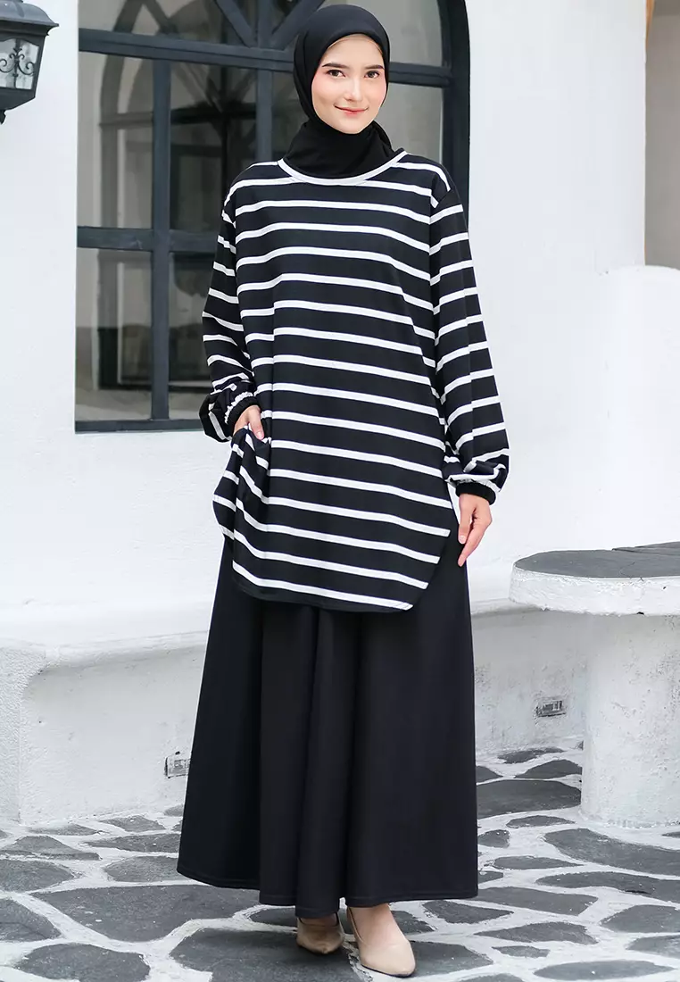 JV Hasanah Baju Kurung Oval Big Stripe Black | Atasan Baju Kurung Oval Salur Besar Kaos Adem