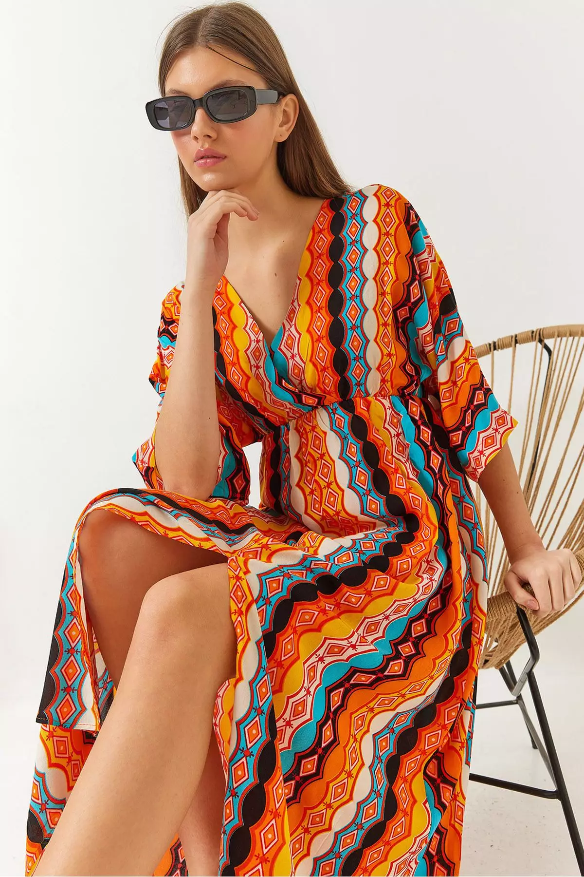 Women's Double Breasted V Neck Front Slit Detail Print Dress 60261411