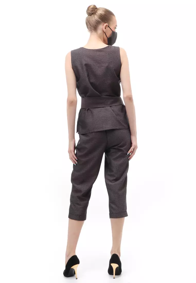 Lamont Set Formal Celana 7/8 Atasan Bawahan Wanita Sleeves Detail Belt Free Mask Casual - Brown