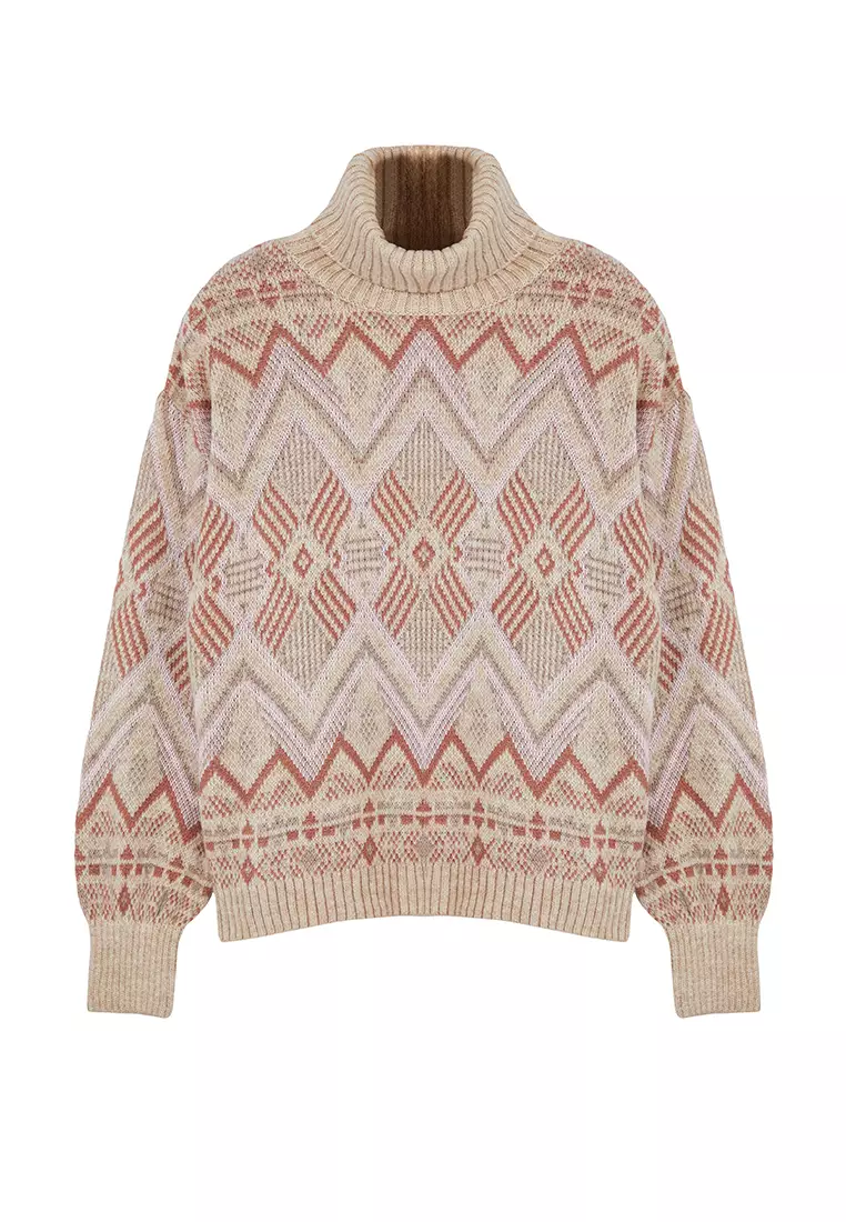 Stone Ethnic Pattern Soft Texture Wide Fit Turtleneck Knitwear Sweater