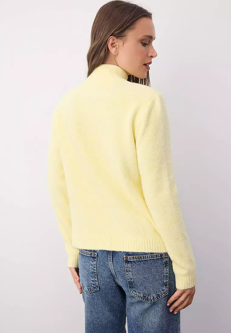 Wardrobe Essentials Yellow Wool Zippered Stand Collar Daisy Knit Cardigan | Twoaw26Hi00090
