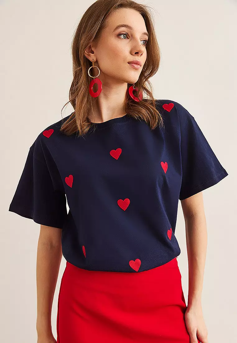 Heart Embroidered Cotton Regular Fit T-Shirt