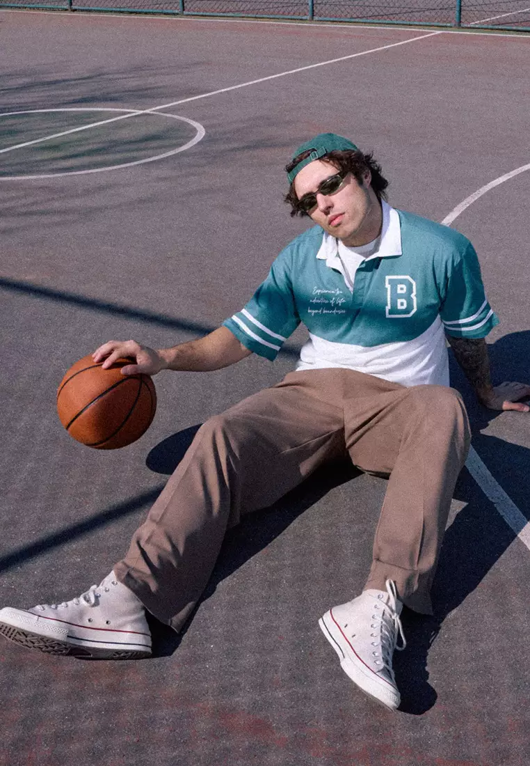 Green Oversize/Wide Cut Color Block Brooklyn Printed Polo Neck T-shirt TMNSS25PO00029