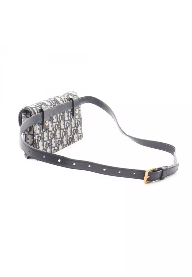 Pre-Loved Christian Dior SADDLE saddle oblique jacquard body bag waist bag canvas leather beige Navy