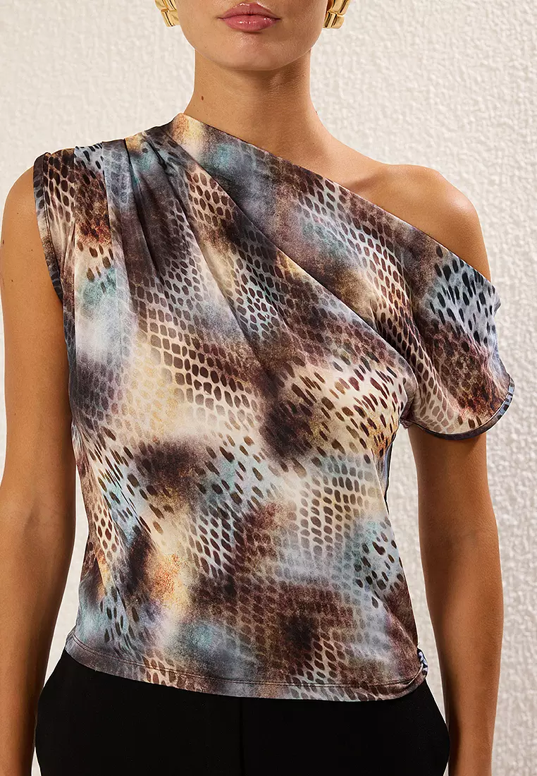 Multicolored Regular/Normal Pattern Asymmetrical Collar Sleveless Snap Flexible Knitted Blouse