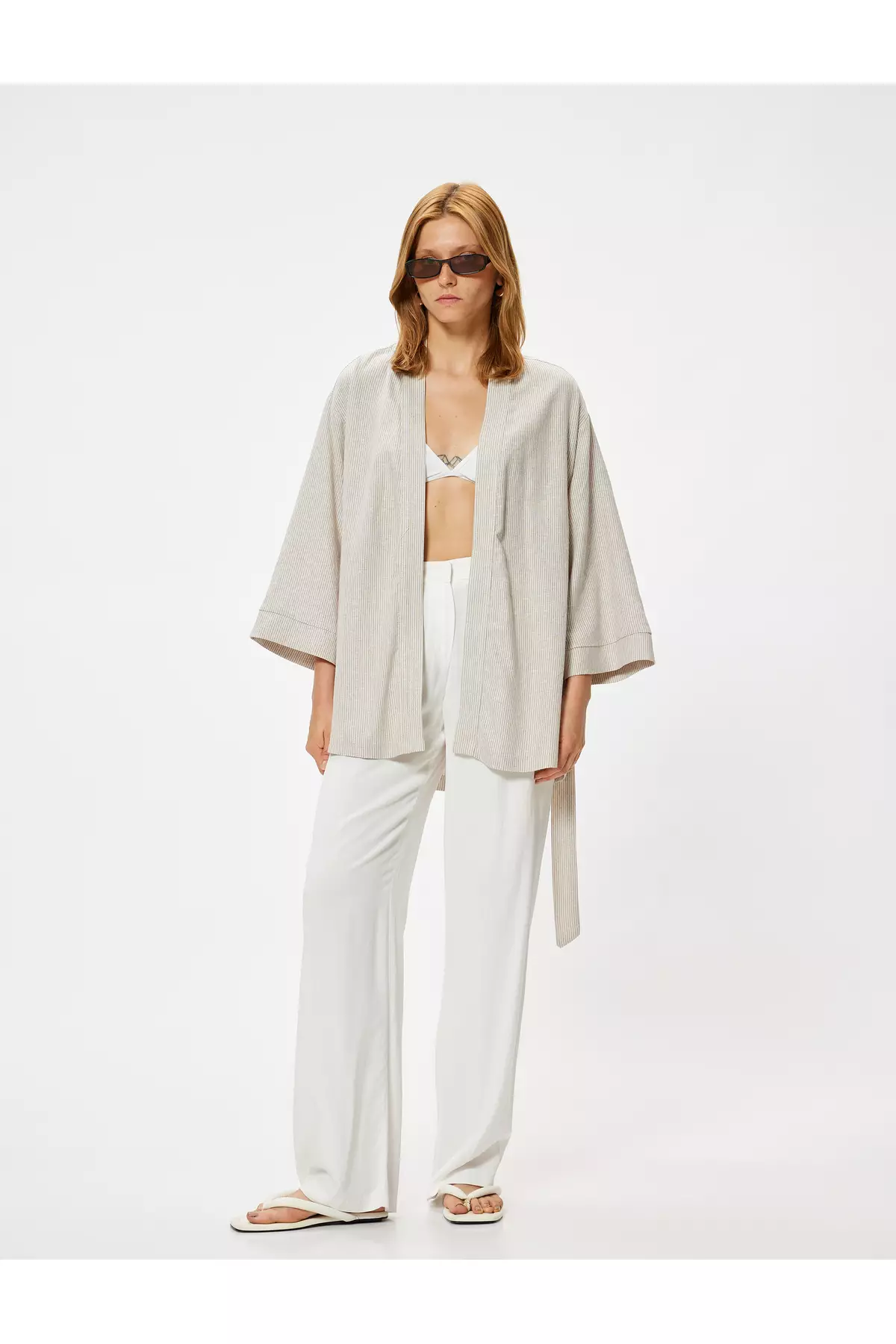 Oversize Linen Kimono Wide Long Sleeve and Belt Detail